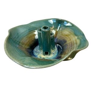 Ikebana Vase Studio Pottery Blue Teal Cream Brown Three Stem Size 6" W x 3" H